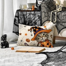 Artoid Mode Cat Jack-O-Lantern Pumpkin Spider Web Halloween Cushion Cover, 30x50 cm Decorative Pillow Case Cover Sofa Living Room Outdoor Decor