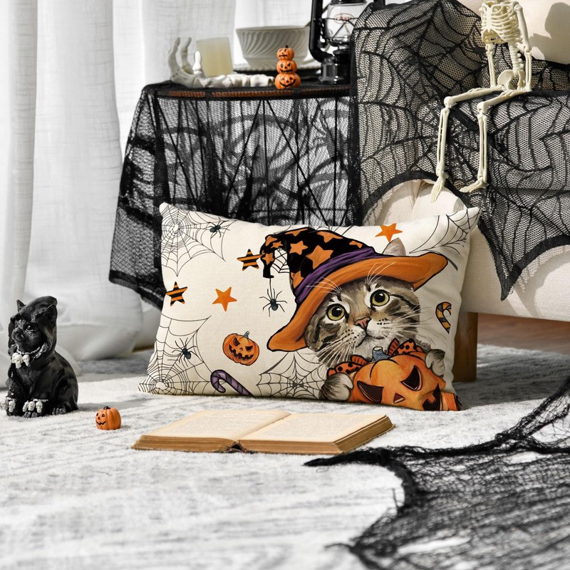 Artoid Mode Cat Jack-O-Lantern Pumpkin Spider Web Halloween Cushion Cover,