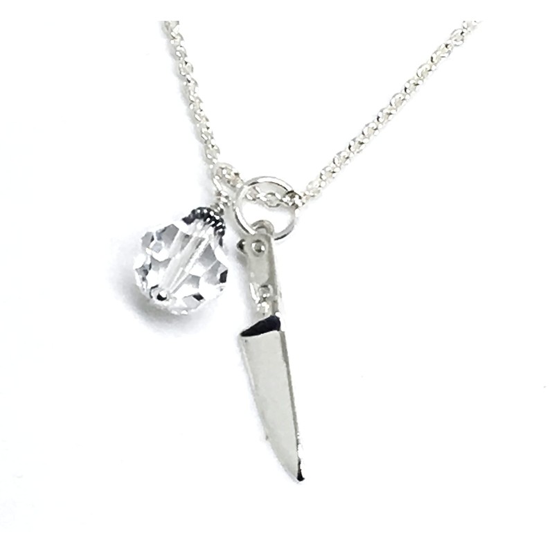 Chef Knife Pendant Necklace in Sterling Silver with Clear Austrian