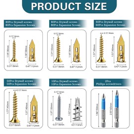 560pcs Self-Drywall Drilling Anchors with Screws, 5 Different Expansion Sizes Screw Set, Zinc Plated Steel Dry Wall Screws no Drilling Required, Easy to Install