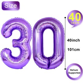 Number 30 Purple Balloons, 40 Inch Self Inflating Large Foil Mylar Helium Digit for 30th Birthday Anniversary Party Decoration