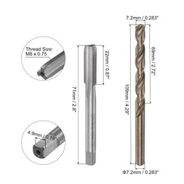 uxcell Tap & Bit Sets, M8 x 0.75 H2 Straight Flute Machine Thread Milling Tap, 7.2mm M35 Cobalt High Speed Steel (HSS-CO) Twist Drill Bit