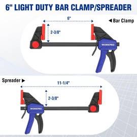 WORKPRO 6" Bar Clamps for Woodworking, One-Handed Clamp/Spreader, Light Duty Wood Clamps Set, Quick-Change F Clamps with 150LBS Load Limit, 4 Pack