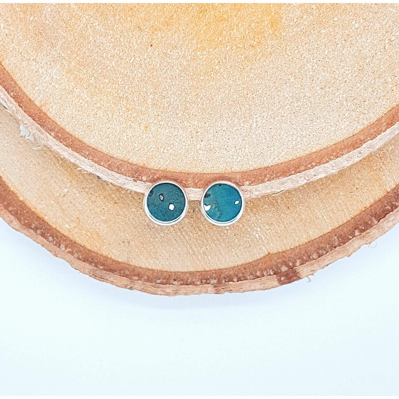 Stud Earrings Silver Round 8 mm Cork Pine Green Turquoise
