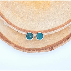 Stud Earrings Silver Round 8 mm Cork Pine Green Turquoise with Silver Inclusions - Vegan Handmade