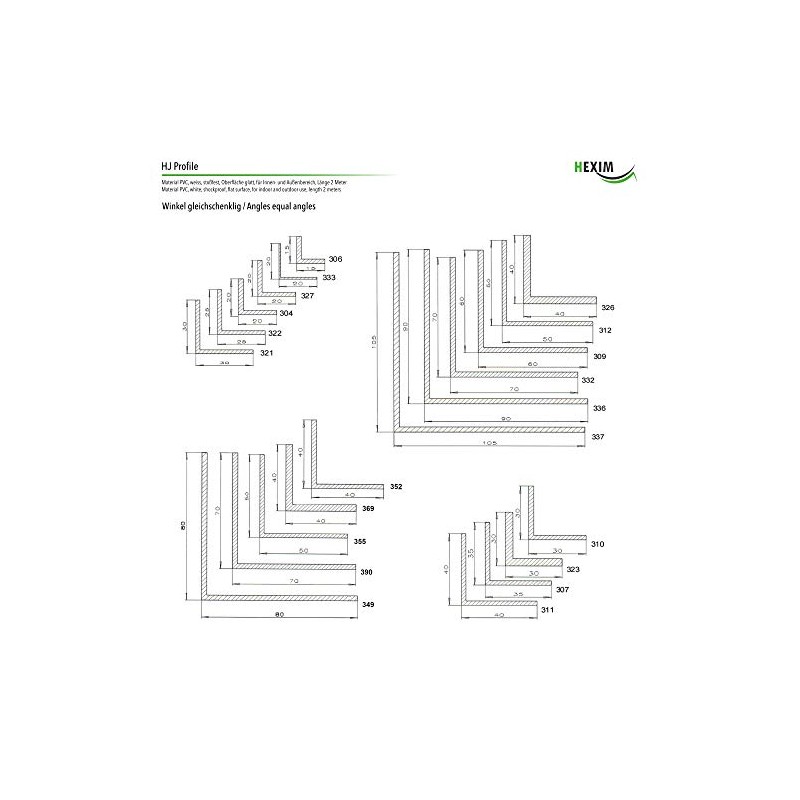 HEXIM Angle Profiles Isosceles White PVC Plastic Angle Selection Dimensions