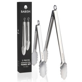 Babish 2-Piece Locking Kitchen Tongs Set – 12” & 9” Stainless Steel Cooking Tongs with Non-Slip Grip – Heavy-Duty BBQ, Grilling & Serving Tools