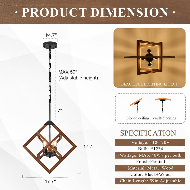 Poemoon 18" Farmhouse Wooden Chandelier 4-Light Geometric Pendant Lighting