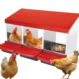 Chicken Nesting Boxes - 3 Hole Metal Roll Away Nesting Box for Laying Eggs, Heavy Duty Chicken Coop Nest Box with Perch & Egg Collection, Rust-Proof Poultry Nesting Box (Red)