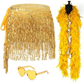 SHENJIPPC Sequin Belly Dance Hip Skirt Tassel Scarf Boho Fringe Rave Skirt with Heart Sunglasses Feather Boas (Gold)