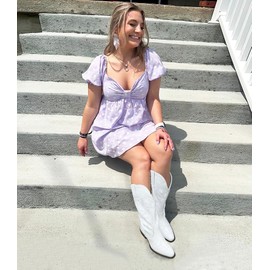 Jeossy Women's 9808 White Cowboy Boots for Women, Round Toe Cowgirl Boots, Western Embroidered Mid High Wide Calf Chunky Pull on Boot with Inner Zipper Size 8(DJY9808 White 08)