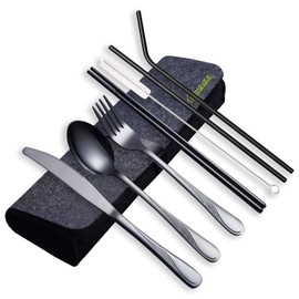 HOMQUEN Utensilios Portátiles, Juego de Cubiertos Para Viaje, Set de Cubiertos de Acero Inoxidable, Incluye Cuchillo/Tenedor/Cuchara/Palillos/Pajitas/Brocha/Estuche Portátil (Negro, 8 Piezas)
