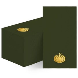 Horaldaily 50 Fall Disposable Paper Decorative Guest Napkins, Green Thanksgiving Autumn Harvest Gold Foil Pumpkin Hand Towel for Party Lunch Dinner Kitchen Bathroom
