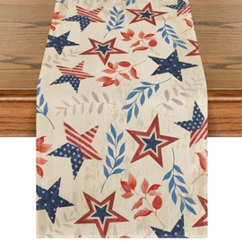 Artoid Mode Old Style Leaves Stars Patriotic 4th of July Table Runner, Memorial Day Kitchen Dining Table Decoration for Home Party Decor 13x90 Inch