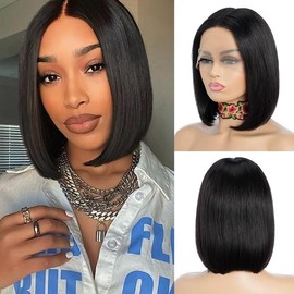 Black Bob Wigs Straight Lace FronTransparent Lace Closure Wig Hair with Bob Wigs. (Black, 40cm)