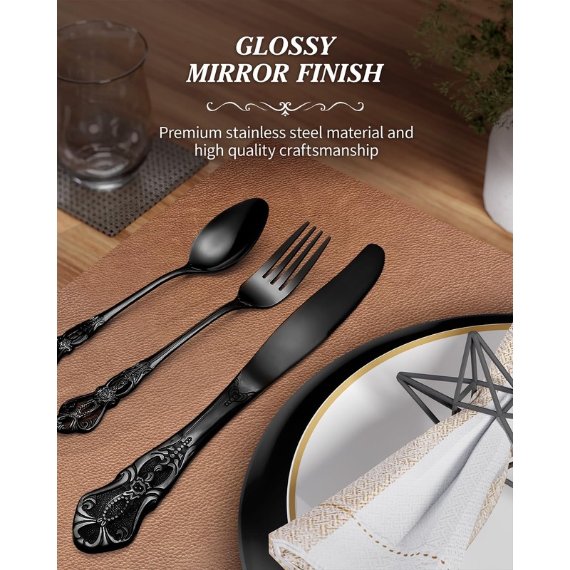 Aswwid 48 Pieces Black Silverware Set for 8, Retro Royal