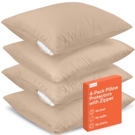 Ultra Soft Pillow Protectors with Zipper King Size - Set of 4 Breathable Pillow Covers - 100% Protection Against Stains, Dust & Dirt - Machine Washable (Beige)