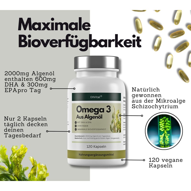 EXVital Omega 3 from Algae Oil, Vegan, 120 Softgel Capsules,
