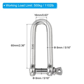 PATIKIL Screw Pin Shackle 8mm 5/16" 1102lb, 316 Stainless Steel Forged Long D Shackle Marine Grade for Chains Wire Rope Outdoor, Silver