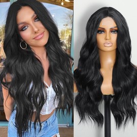 Iswlhics Long Black Wig for Women, Long Wavy Lace Hairline Middle Part Synthetic Heat Resistant Wig for Daily Party (26 Inch)