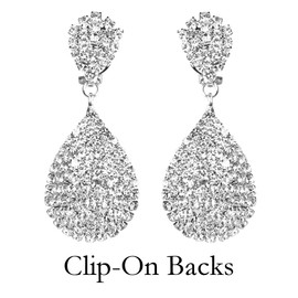 Silver Clip On Earrings Teardrop Earrings Rhinestone Crystals Dangle Earrings Statement Chandelier Drop Earrings for Women (Silver Clip-On)