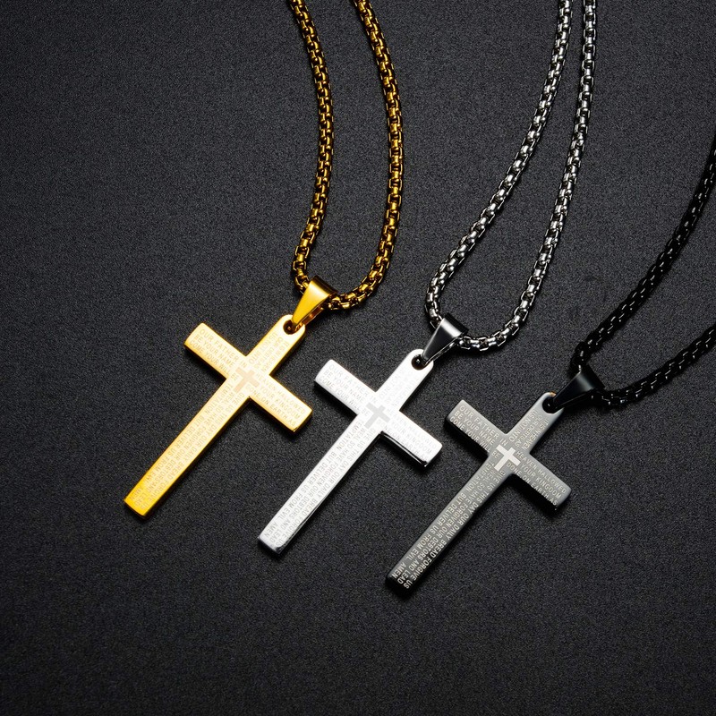 AIKS Men's Cross Scripture Scripture Engraved Black Cross Pendant, Good
