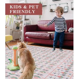 YIHOUSE 8x10 Pink Floral Vintage Area Rug,Colorful Flower Preppy Rug,Kids Rainbow Rugs for Playroom Girls Bedroom,Nursery Dorm Decor,Blush Pink Boho Washable Rug for Living Room