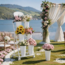 Flower display stand, three tiers with six vases, suitable for flower bars and indoor/outdoor celebrations. The flower cart display stand comes with a chalkboard and wheels (white).