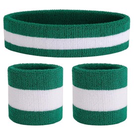 ONUPGO Sweatband Set Sports Headband Wristband Set Sweatbands Terry Cloth Wristband Athletic Exercise Basketball Wrist Sweatband and Headbands Moisture Wicking Sweat Absorbing (Green/White/Green)