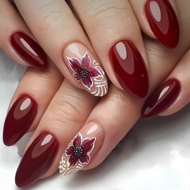 24 Pcs Wine Red Press on Nails Short Almond Nail Tips,WLGDLH Fall Fake Nails Press ons Nude Glue on Nails Acrylic Nail Art Kit Full Cover Reusable False Nails with Maple Leaf Design for Ma'am