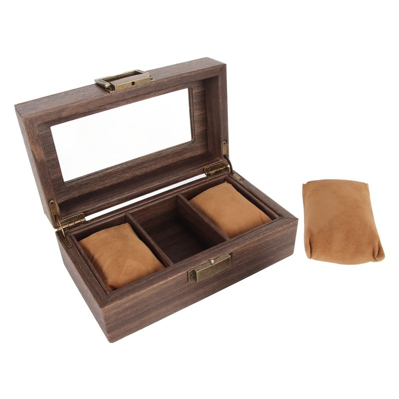 3 Slot Watch Display Case Wood Detachable Pillow Glass Cover