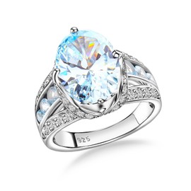 AGRULE March Birthstone Rig 11.39 Carat Statement Big Cocktail Ring Sterling Silver Thick Band Oval Cut Big Aquamarine Ring for Men Women, Size 8