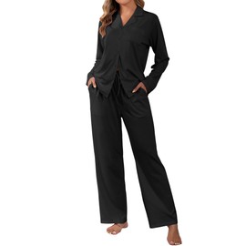 ZAFUL Women's Cotton Pajamas Sets Notch Long Sleeve Sleepwear Button Down Nightwear Soft Pjs Lounge Sets Black L