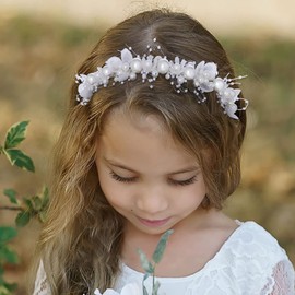 IYOU Flower Girl Headband Silver Pearl Wedding Headpiece Floral Bridal Bridesmaid Hair Accessories for Girls