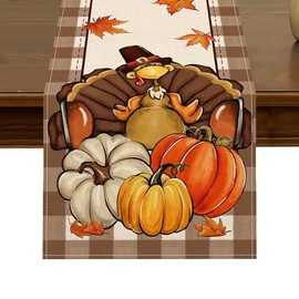 Turkey Pumpkin Thanksgiving Table Runner 13x72 Inch Fall Thankful Buffalo Plaid Check Table Decor for Indoor Outdoor Kitchen Dining Home Farmhouse Party Decoration ZQ60