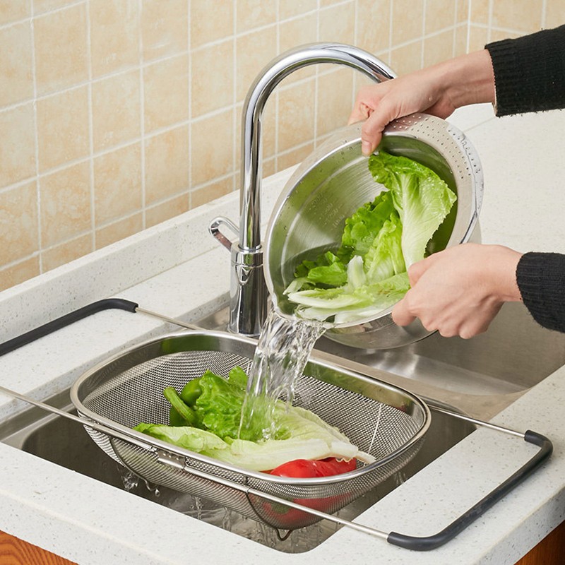 Over The Sink Colander Stainless Steel Telescopic Strainer Basket Rubber