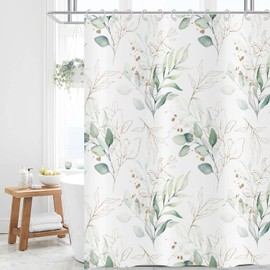 GCIREC Eucalyptus Leaf Shower Curtains, Weighted Bottom Sage Green Watercolor Botanical Plants with Gold Branches Spring Fabric Bathroom Curtain Home Decor Waterproof Washable with 12 Hooks,72"x72"