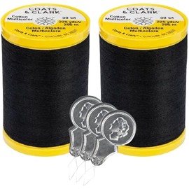 Coats & Clark Cotton All Purpose Sewing Thread 100% Mercerized Cotton 225 Yards Each Spool S970 2 Pack Bundle with 3 Bella's Crafts Needle Threaders (Black)