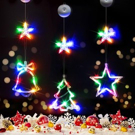 suddus Christmas Window Lights Decorations, 3Pcs Tree-Jingle Bell-Star Shaped Xmas Lights Battery Powered with Suction Cups & Timer, Hanging String Lights Indoor for Tree, Fireplace, Multicolor