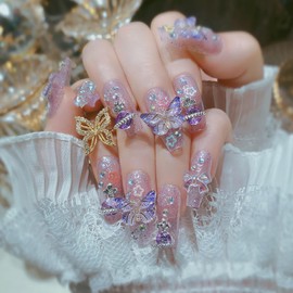 Nail Tip, Long Nail Tip, 24 Pieces, Glitter, Glossy, 3D Korea, Popular, Stylish, Gel, 3D Nail Tip, Cute, Long Nail Tip, Bride Nail, Handmade Nail Tip, Double-sided Tape, Butterfly, Ribbon, Nail Seal,