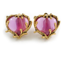 Large Pink Glass Heart Clip On Earrings in Aged Gold Tone - 30mm Tall