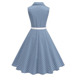 50s Style Dresses for Women Vintage 1950s Polka Dot Dress Notched Lapel Audrey Hepburn Rockabilly Prom Tea Party Cocktail Swing Dress with Belt Sleeveless 50’s Theme 1940s 1960s Outfits Light Blue S