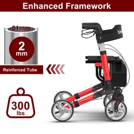 ProTraverse Foldable Rollator Walker with Seat, Standard Height Lightweight Rollator with Large Wheels, Folding Rolling Walker for Seniors, Walker Rollator with Seat, Red