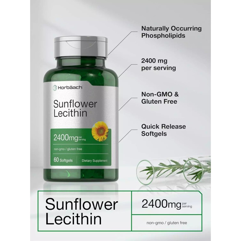 Horbaach Sunflower Lecithin 2400Mg, 60 Softgel Capsules, Naturally Phospholipids