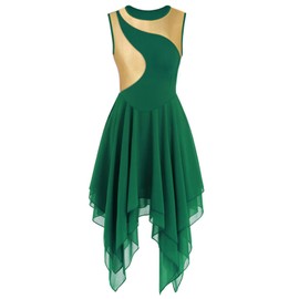 yrsZX Women's Praise Dance Dress Tunic Irregular Flowy Skirt Sleeveless Worship Liturgical Lyrical Dance Costume Tag XL, Green