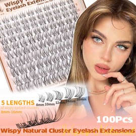 Venus Lash Clusters Natural Eyelash Clusters Wispy Lash Extensions C Curly Individual Lashes with Clear Bands Short Eyelash Extensions 100Pcs 8mm-16mm