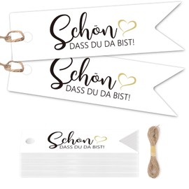 ALEGRE® Pack of 50 Beautiful Dass Du Da Bist Pendant Wedding Gift Tags with 10 m Jute Rope, Schön Dass Du Da Bist Guest Gift Labels Tags for DIY Wedding Decoration, Birthday, JGA, Christening Gift