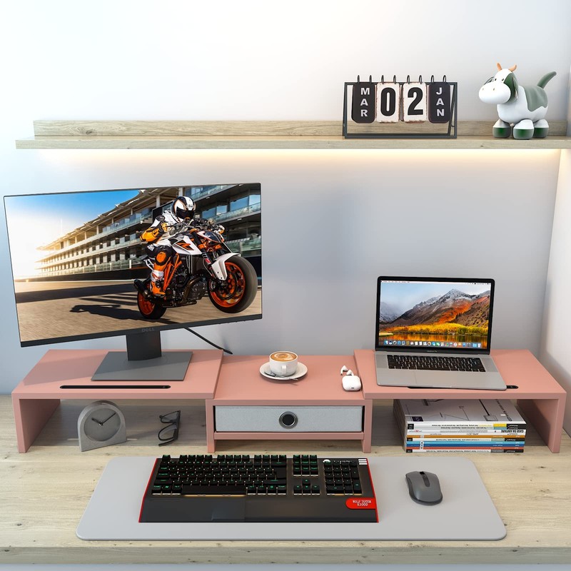 WESTREE Dual 3 Shelf Computer Riser with Drawer, Adjustable Length