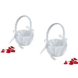 Flower Girl Wedding Flower Basket, White Western Style Flower Basket with Pearl Rhinestones Royal Bow, Suitable for Anniversary, Wedding Party Supplies