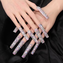 Artiprint Reusable Press On Nails – Rhinestone Crystal Full Cover Fake Nails, Sparkly Long Acrylic Nails Kit for Special Occasions & Everyday Glam(N010, S)